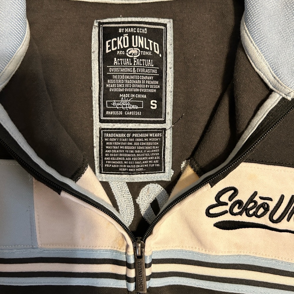 Ecko Unltd. Black Jacket with Light Blue & Cream Stripes